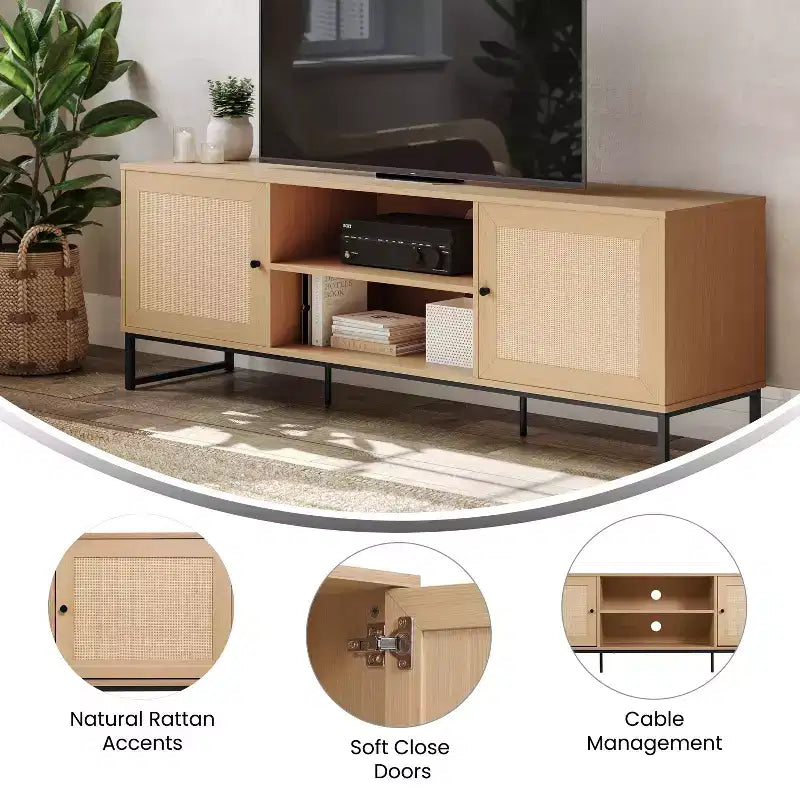 Flash Furniture Malaki Mid-Century Modern 65 Inch TV Stand with 2 Rattan Soft Close Doors and Fixed Center Shelf, TV Stand for up to 70 TV's