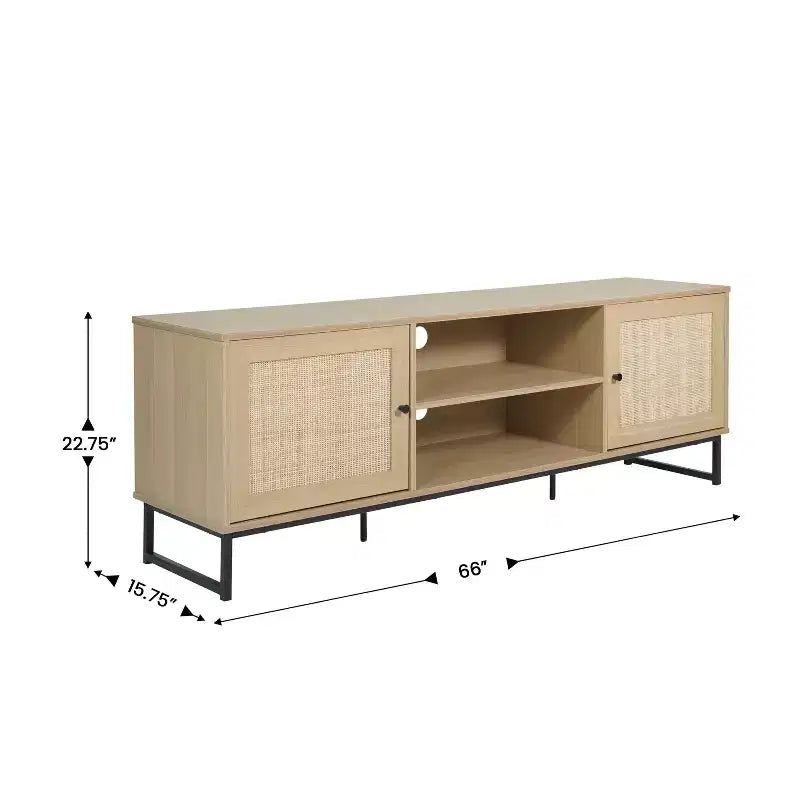 Flash Furniture Malaki Mid-Century Modern 65 Inch TV Stand with 2 Rattan Soft Close Doors and Fixed Center Shelf, TV Stand for up to 70 TV's