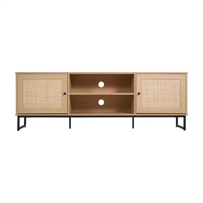 Flash Furniture Malaki Mid-Century Modern 65 Inch TV Stand with 2 Rattan Soft Close Doors and Fixed Center Shelf, TV Stand for up to 70 TV's