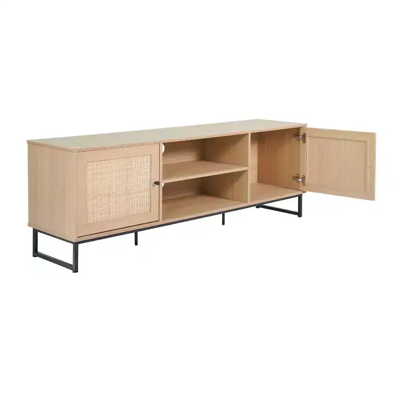 Flash Furniture Malaki Mid-Century Modern 65 Inch TV Stand with 2 Rattan Soft Close Doors and Fixed Center Shelf, TV Stand for up to 70 TV's