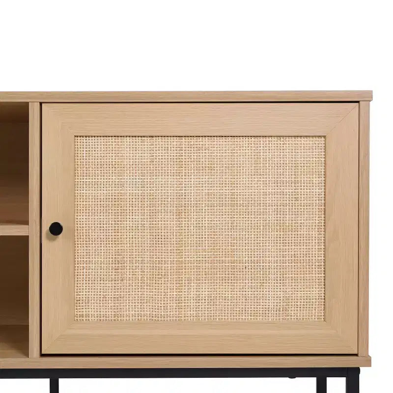 Flash Furniture Malaki Mid-Century Modern 65 Inch TV Stand with 2 Rattan Soft Close Doors and Fixed Center Shelf, TV Stand for up to 70 TV's