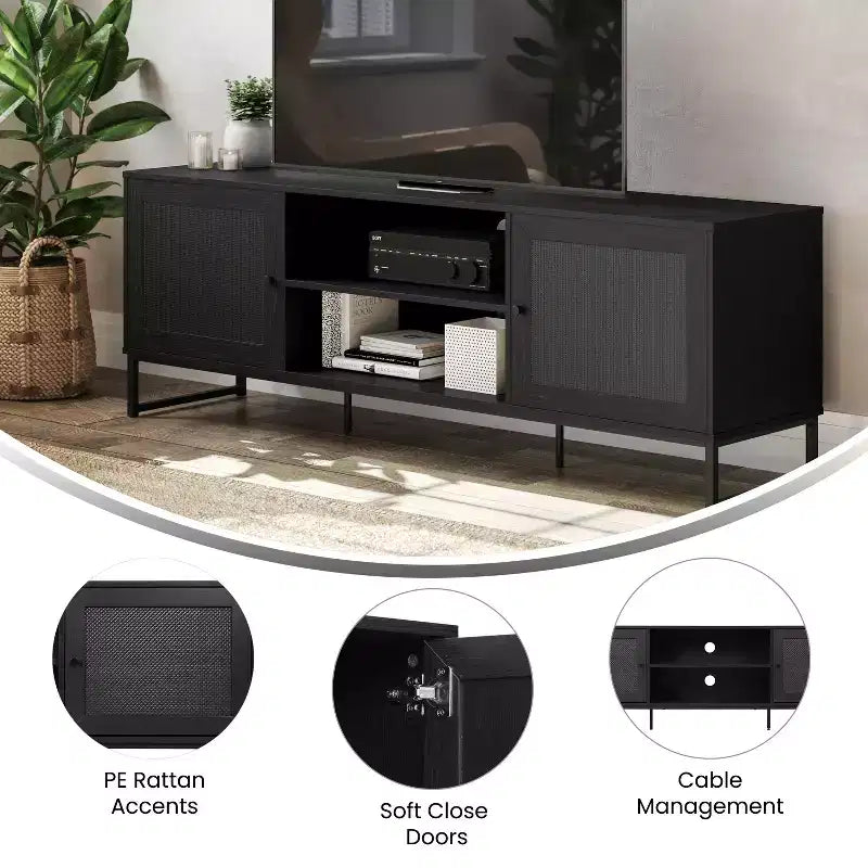 Flash Furniture Malaki Mid-Century Modern 65 Inch TV Stand with 2 Rattan Soft Close Doors and Fixed Center Shelf, TV Stand for up to 70 TV's