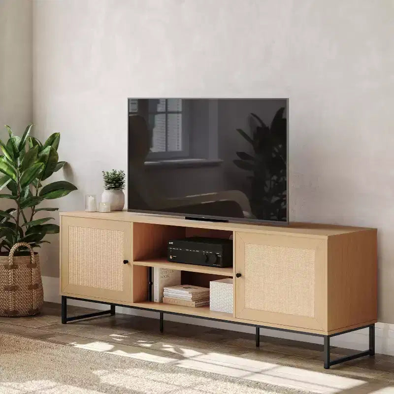 Flash Furniture Malaki Mid-Century Modern 65 Inch TV Stand with 2 Rattan Soft Close Doors and Fixed Center Shelf, TV Stand for up to 70 TV's