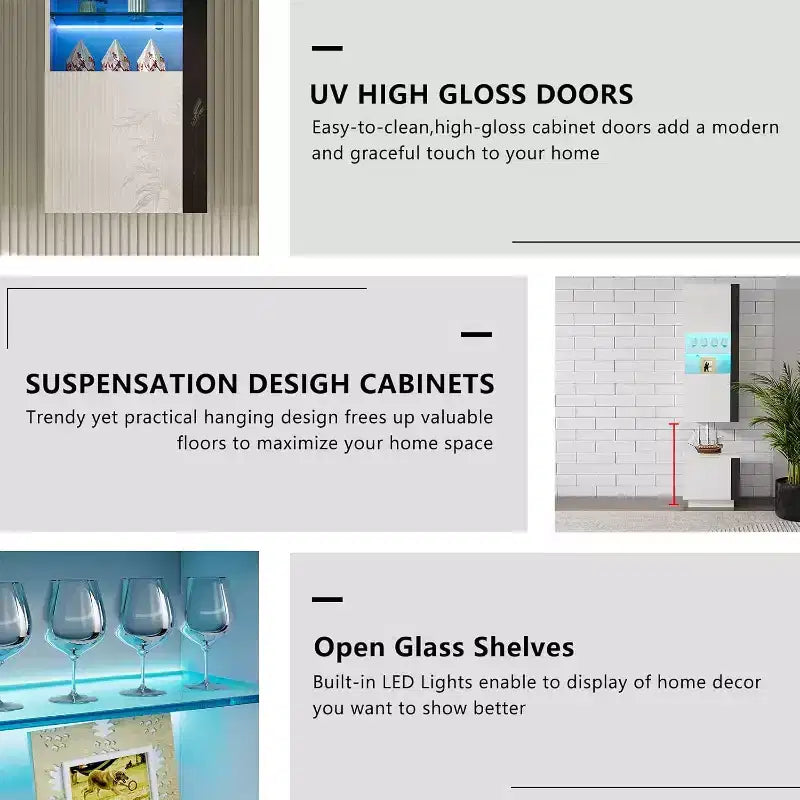 AMERLIFE Wall Storage Cabinets with LED Lights, Modern Hanging Cabinets for Living Room/Bedroom, Set of 2