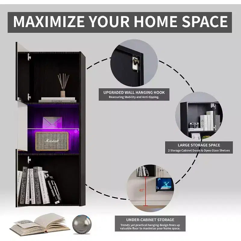AMERLIFE Wall Storage Cabinets with LED Lights, Modern Hanging Cabinets for Living Room/Bedroom, Set of 2
