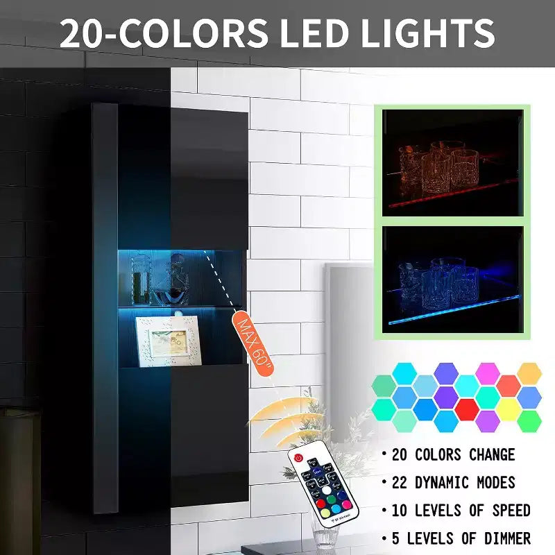 AMERLIFE Wall Storage Cabinets with LED Lights, Modern Hanging Cabinets for Living Room/Bedroom, Set of 2