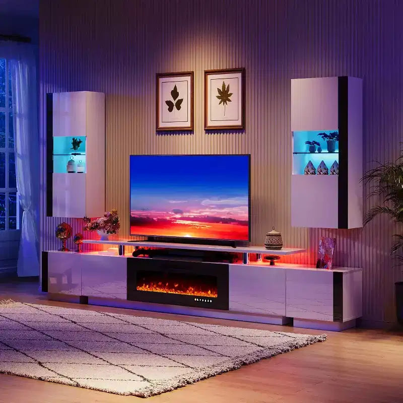 AMERLIFE Wall Storage Cabinets with LED Lights, Modern Hanging Cabinets for Living Room/Bedroom, Set of 2