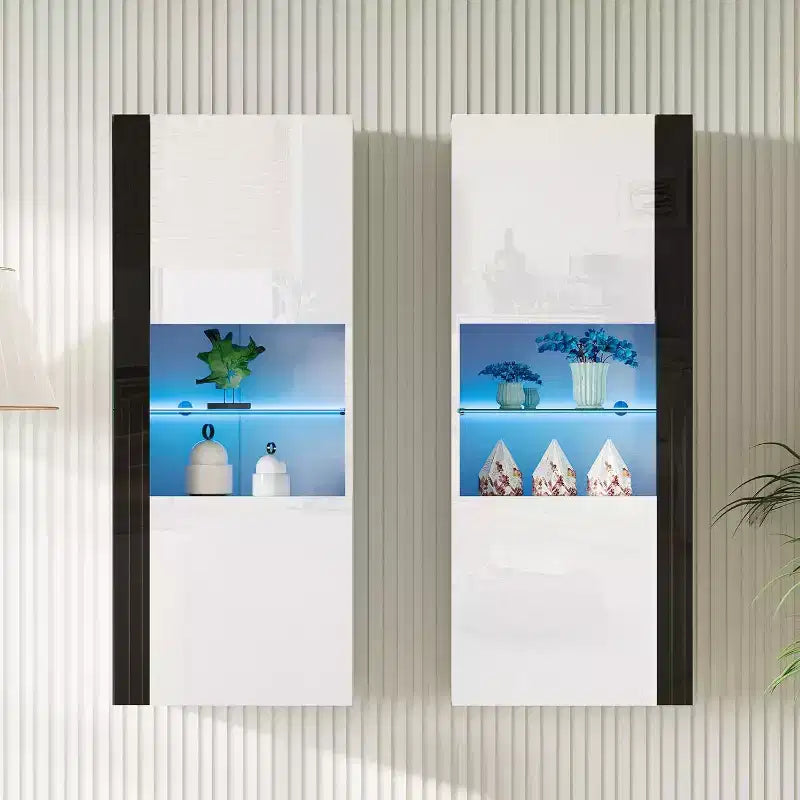 AMERLIFE Wall Storage Cabinets with LED Lights, Modern Hanging Cabinets for Living Room/Bedroom, Set of 2
