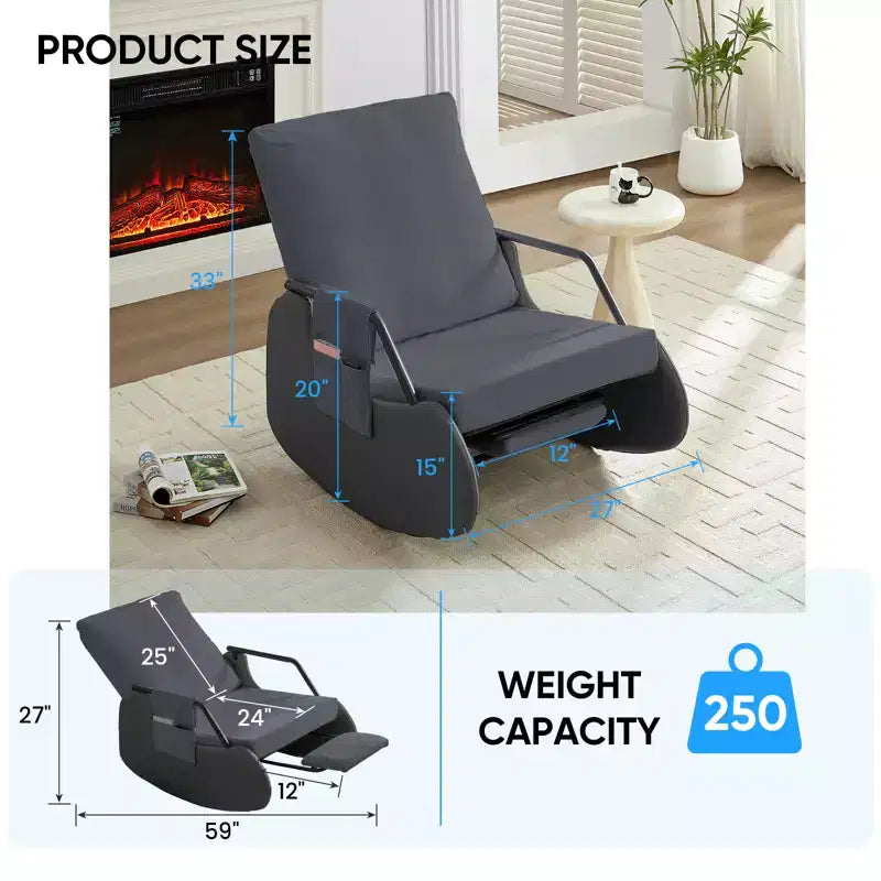 Mjkone Upholstered Corduroy Rocking Chair with Wooden Legs Wrapped in Leather&Adjustable Footrest