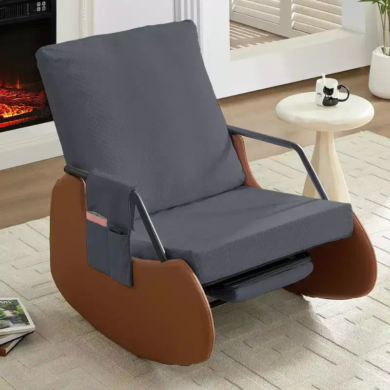 Mjkone Upholstered Corduroy Rocking Chair with Wooden Legs Wrapped in Leather&Adjustable Footrest