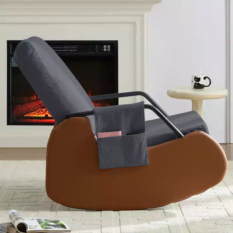 Mjkone Upholstered Corduroy Rocking Chair with Wooden Legs Wrapped in Leather&Adjustable Footrest