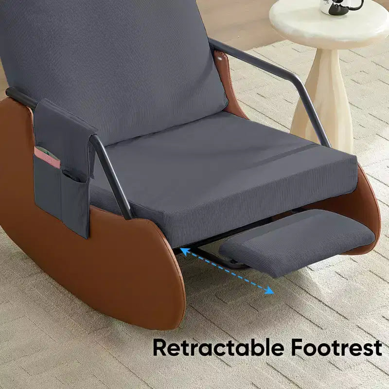 Mjkone Upholstered Corduroy Rocking Chair with Wooden Legs Wrapped in Leather&Adjustable Footrest