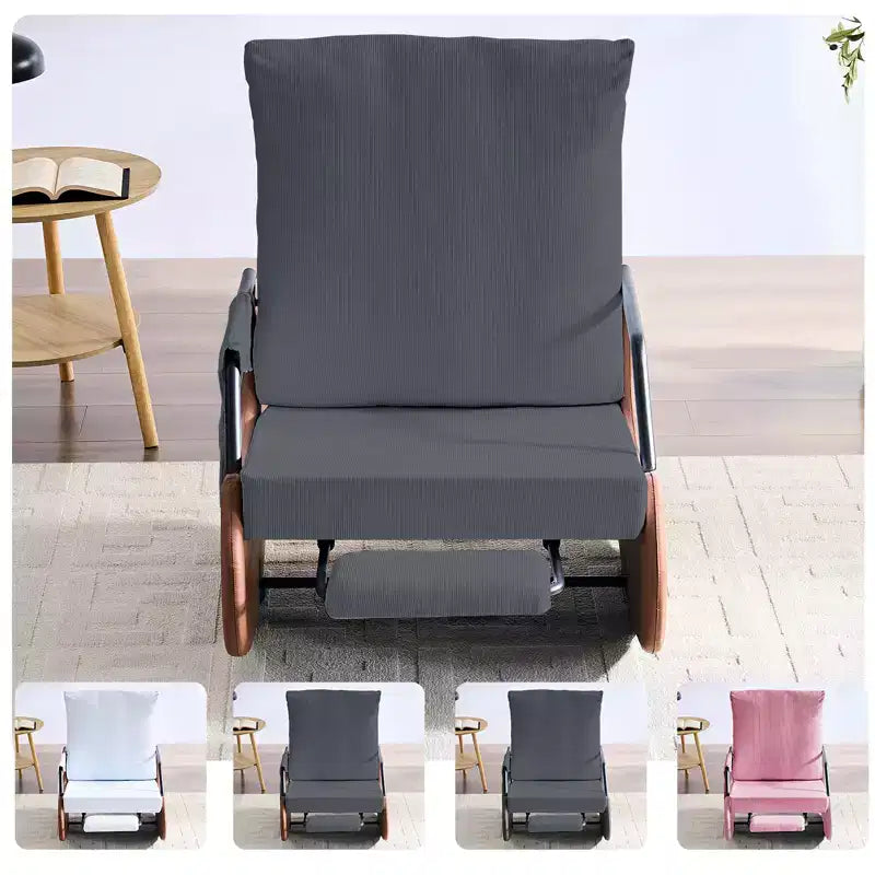 Mjkone Upholstered Corduroy Rocking Chair with Wooden Legs Wrapped in Leather&Adjustable Footrest