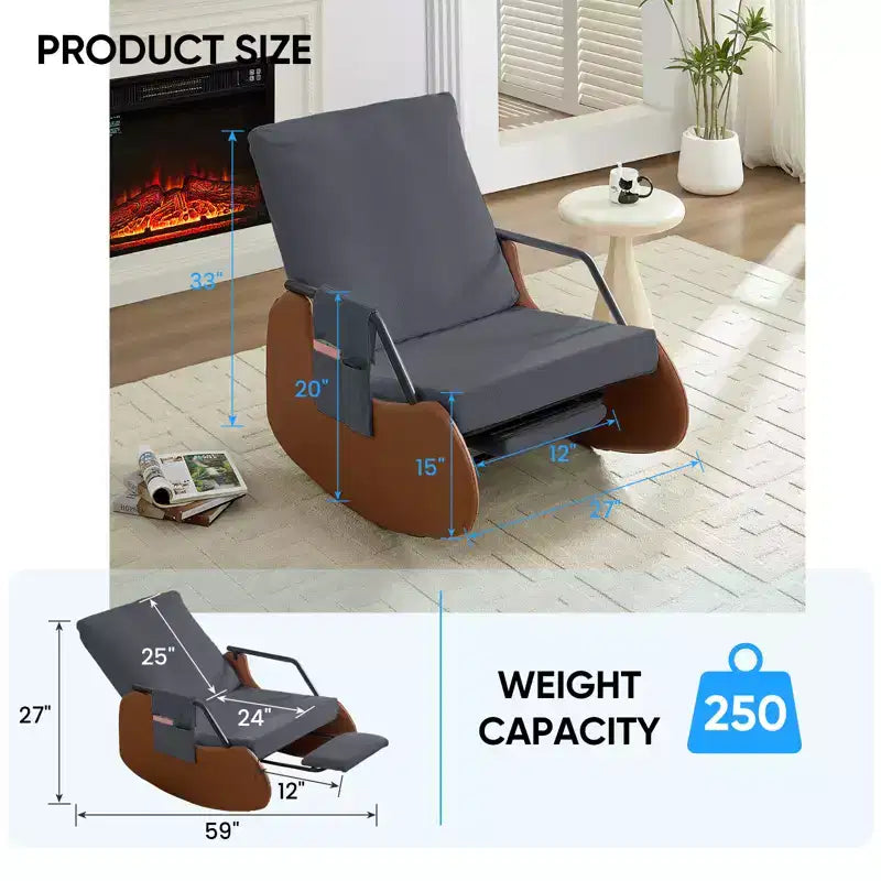 Mjkone Upholstered Corduroy Rocking Chair with Wooden Legs Wrapped in Leather&Adjustable Footrest