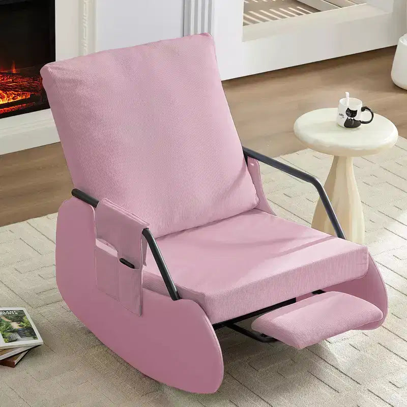 Mjkone Upholstered Corduroy Rocking Chair with Wooden Legs Wrapped in Leather&Adjustable Footrest