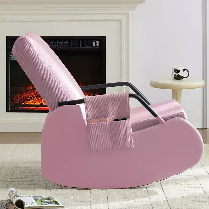 Mjkone Upholstered Corduroy Rocking Chair with Wooden Legs Wrapped in Leather&Adjustable Footrest