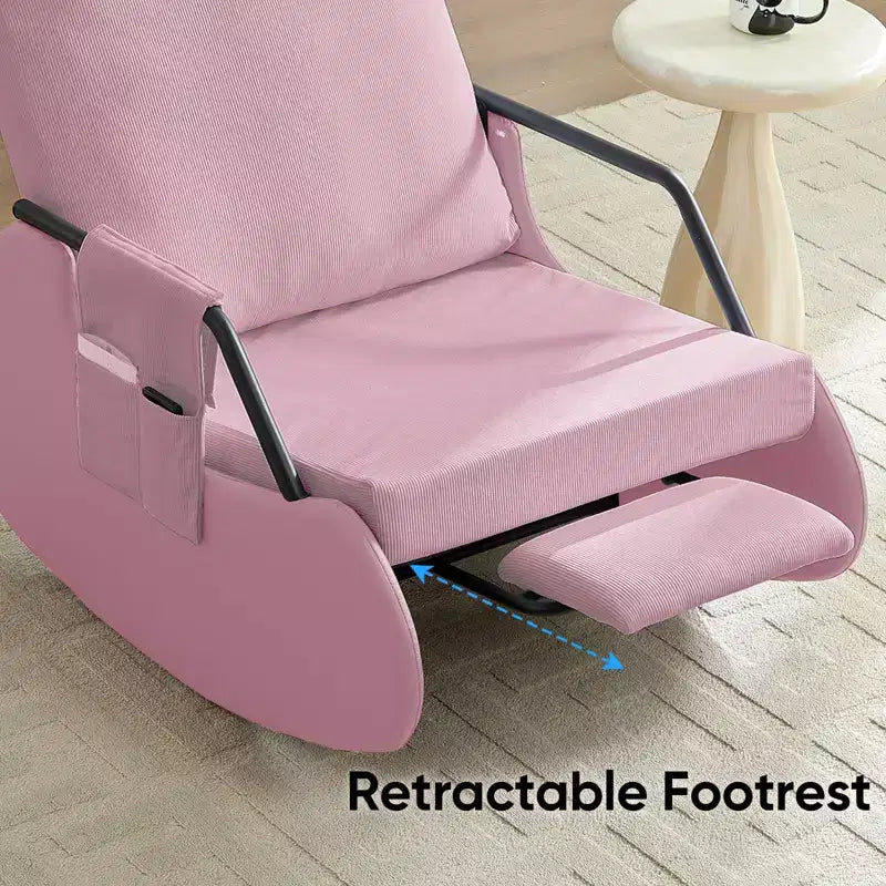 Mjkone Upholstered Corduroy Rocking Chair with Wooden Legs Wrapped in Leather&Adjustable Footrest
