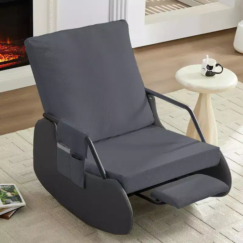 Mjkone Upholstered Corduroy Rocking Chair with Wooden Legs Wrapped in Leather&Adjustable Footrest