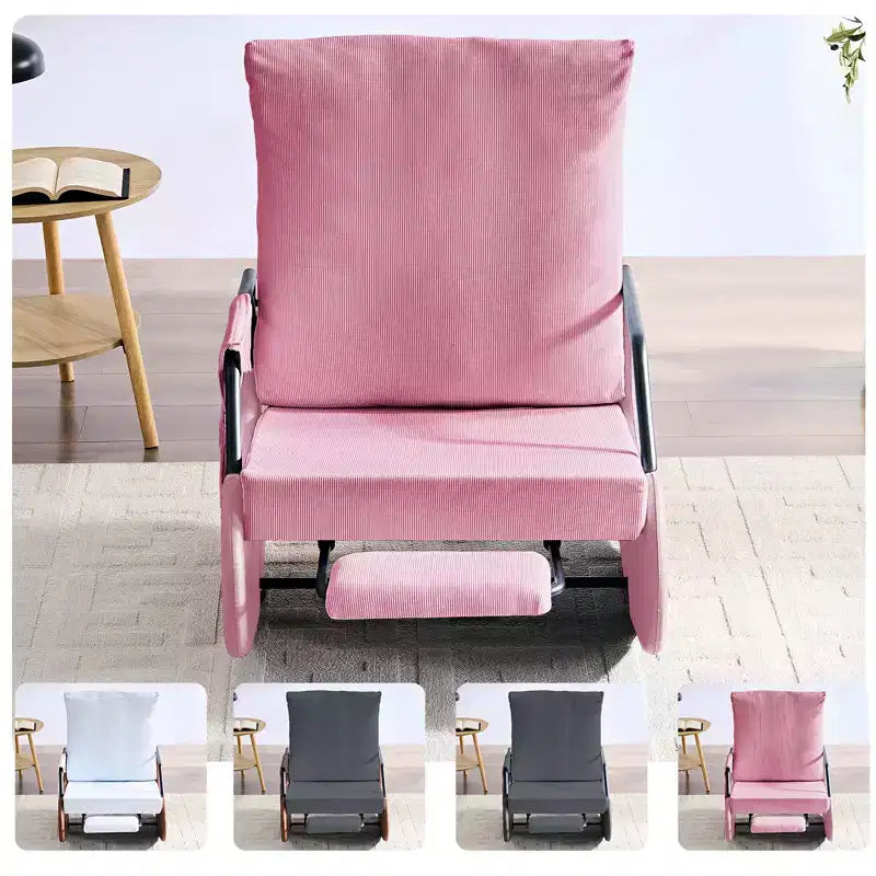 Mjkone Upholstered Corduroy Rocking Chair with Wooden Legs Wrapped in Leather&Adjustable Footrest