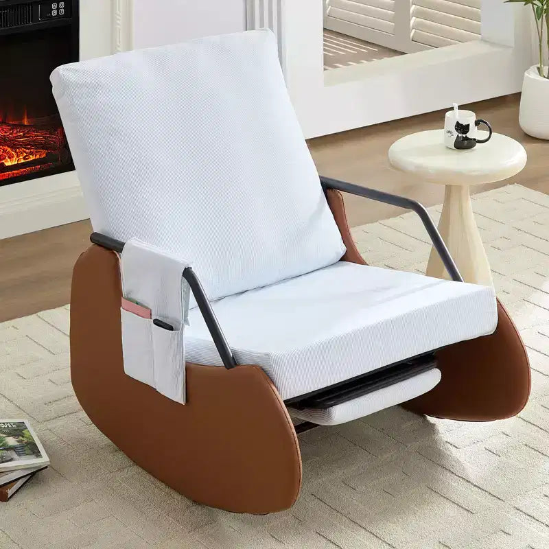 Mjkone Upholstered Corduroy Rocking Chair with Wooden Legs Wrapped in Leather&Adjustable Footrest