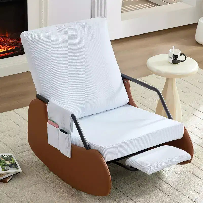 Mjkone Upholstered Corduroy Rocking Chair with Wooden Legs Wrapped in Leather&Adjustable Footrest