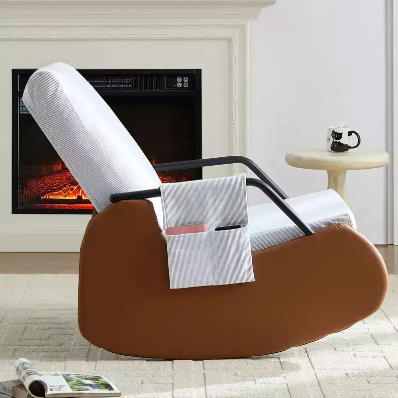 Mjkone Upholstered Corduroy Rocking Chair with Wooden Legs Wrapped in Leather&Adjustable Footrest