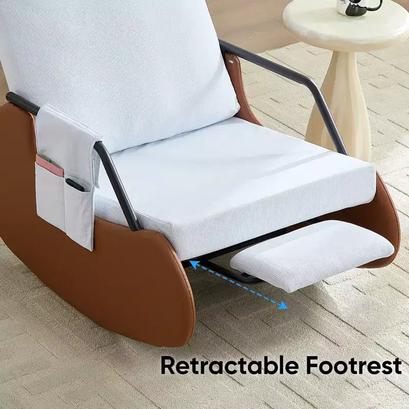 Mjkone Upholstered Corduroy Rocking Chair with Wooden Legs Wrapped in Leather&Adjustable Footrest