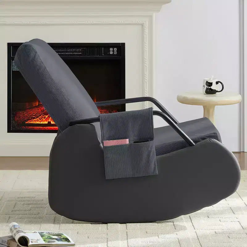 Mjkone Upholstered Corduroy Rocking Chair with Wooden Legs Wrapped in Leather&Adjustable Footrest