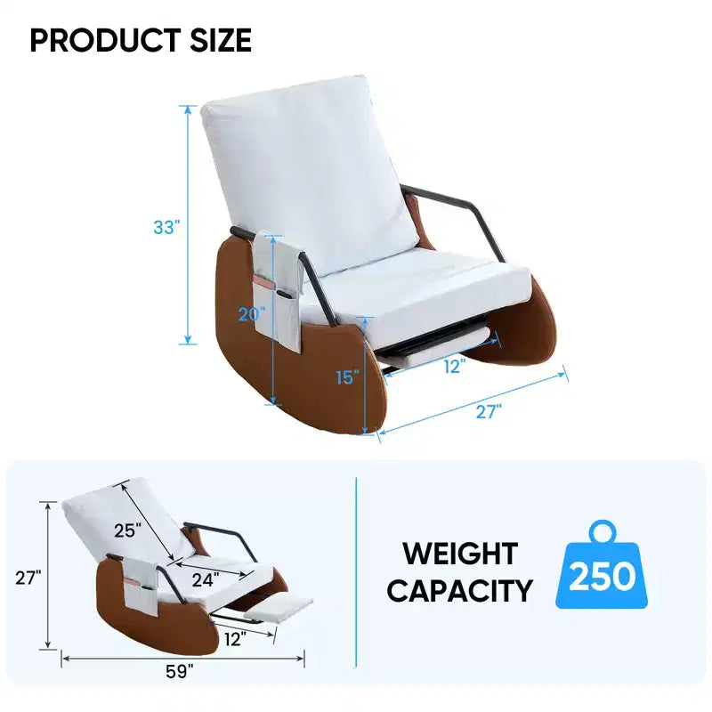 Mjkone Upholstered Corduroy Rocking Chair with Wooden Legs Wrapped in Leather&Adjustable Footrest
