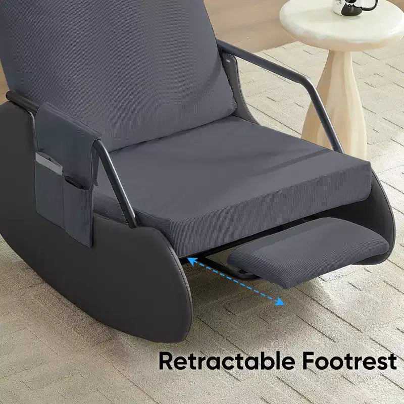 Mjkone Upholstered Corduroy Rocking Chair with Wooden Legs Wrapped in Leather&Adjustable Footrest