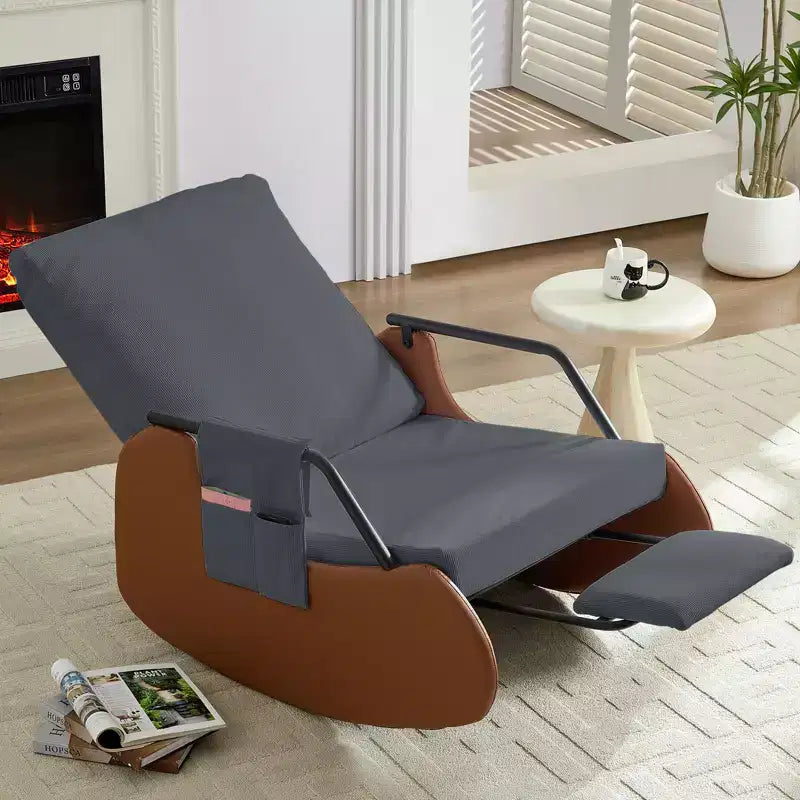 Mjkone Upholstered Corduroy Rocking Chair with Wooden Legs Wrapped in Leather&Adjustable Footrest