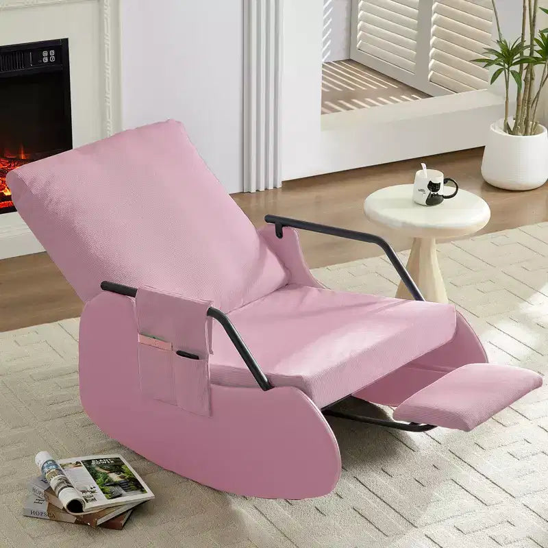 Mjkone Upholstered Corduroy Rocking Chair with Wooden Legs Wrapped in Leather&Adjustable Footrest