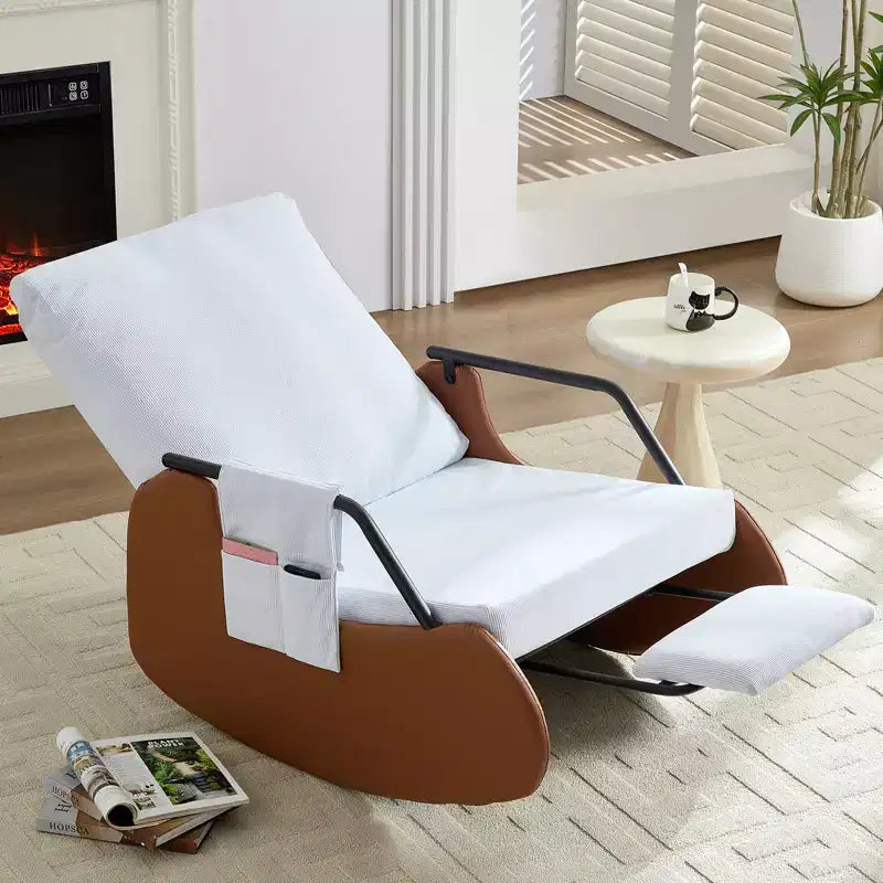 Mjkone Upholstered Corduroy Rocking Chair with Wooden Legs Wrapped in Leather&Adjustable Footrest