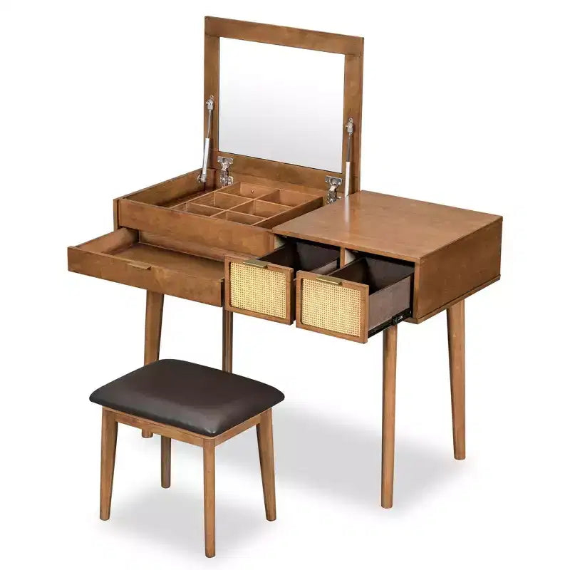 43.3 Classic Wood Makeup Vanity Set with Flip-top Mirror and Stool, Dressing Table with Three Drawers and storage space, Brown