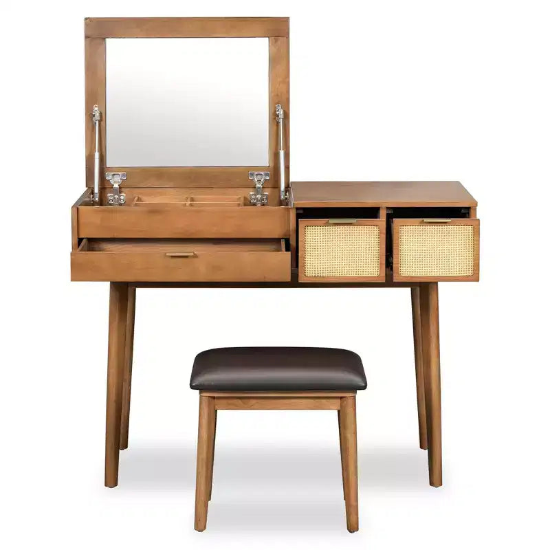43.3 Classic Wood Makeup Vanity Set with Flip-top Mirror and Stool, Dressing Table with Three Drawers and storage space, Brown