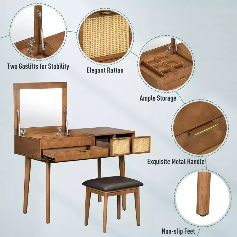 43.3 Classic Wood Makeup Vanity Set with Flip-top Mirror and Stool, Dressing Table with Three Drawers and storage space, Brown