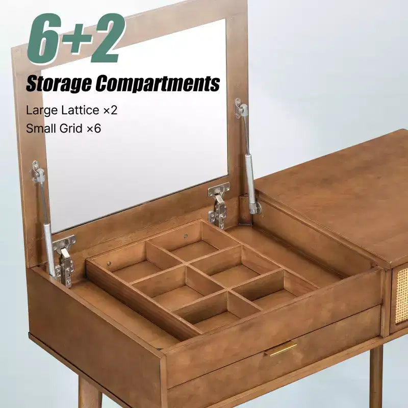 43.3 Classic Wood Makeup Vanity Set with Flip-top Mirror and Stool, Dressing Table with Three Drawers and storage space, Brown
