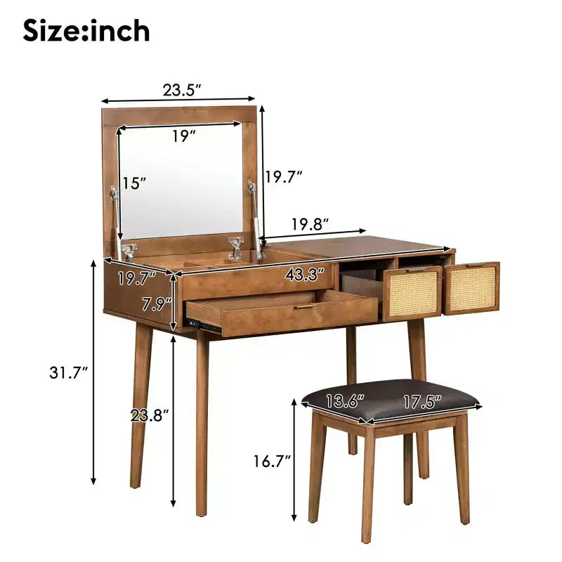 43.3 Classic Wood Makeup Vanity Set with Flip-top Mirror and Stool, Dressing Table with Three Drawers and storage space, Brown