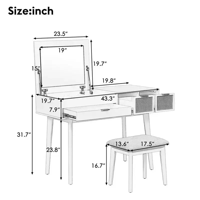 43.3 Classic Wood Makeup Vanity Set with Flip-top Mirror and Stool, Dressing Table with Three Drawers and storage space, Brown