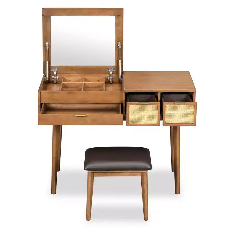 43.3 Classic Wood Makeup Vanity Set with Flip-top Mirror and Stool, Dressing Table with Three Drawers and storage space, Brown