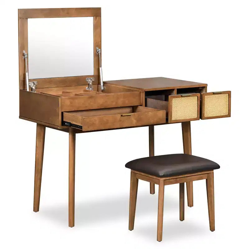 43.3 Classic Wood Makeup Vanity Set with Flip-top Mirror and Stool, Dressing Table with Three Drawers and storage space, Brown