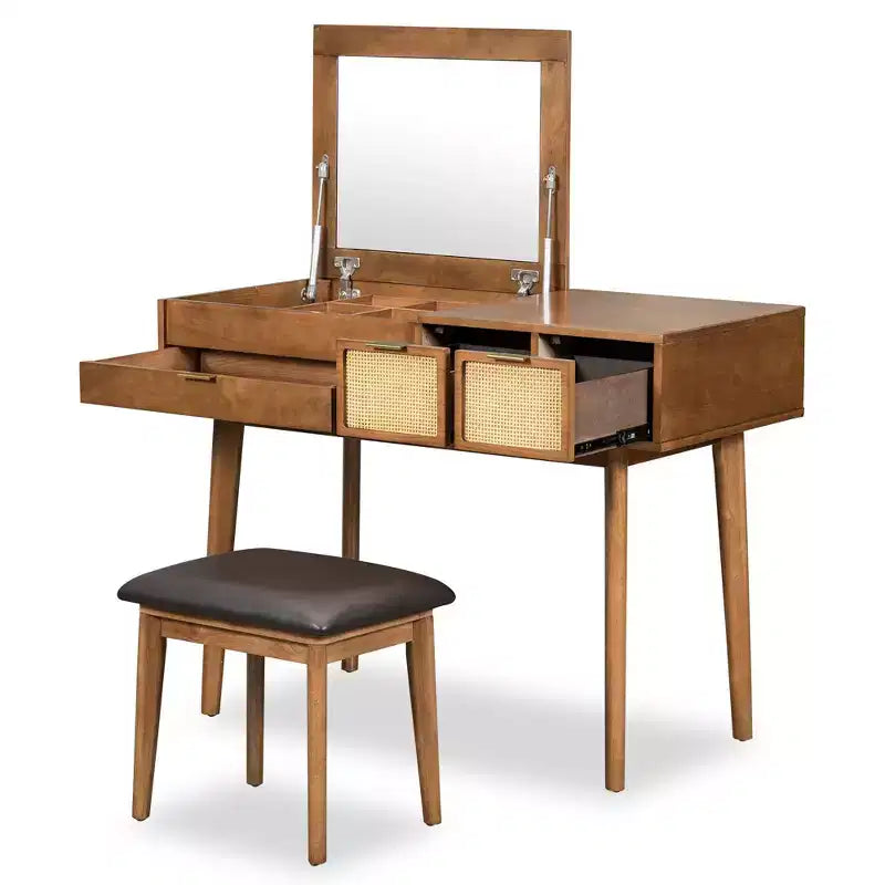 43.3 Classic Wood Makeup Vanity Set with Flip-top Mirror and Stool, Dressing Table with Three Drawers and storage space, Brown