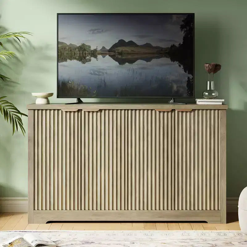 4 Doors Accent Sideboard Buffet, Fluted Modern Credenza with Doors & Shelves, Wood Storage Console, for Living Room, Entryway, Hallway