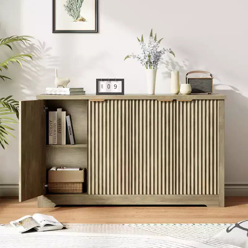 4 Doors Accent Sideboard Buffet, Fluted Modern Credenza with Doors & Shelves, Wood Storage Console, for Living Room, Entryway, Hallway