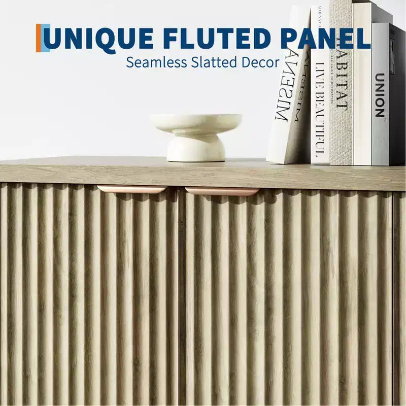 4 Doors Accent Sideboard Buffet, Fluted Modern Credenza with Doors & Shelves, Wood Storage Console, for Living Room, Entryway, Hallway