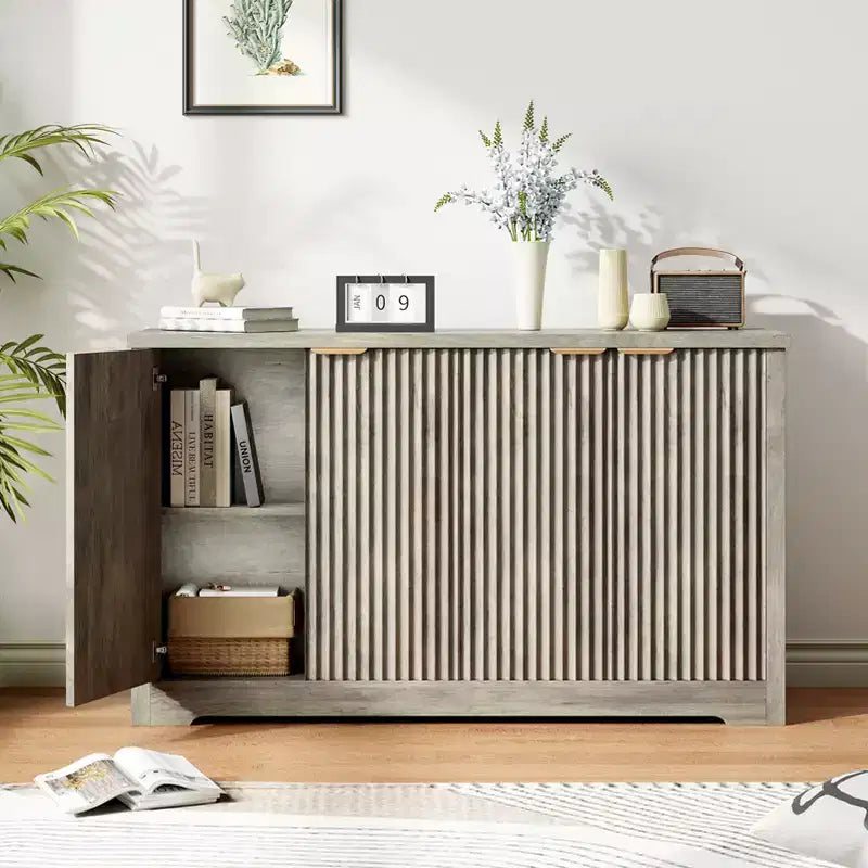 4 Doors Accent Sideboard Buffet, Fluted Modern Credenza with Doors & Shelves, Wood Storage Console, for Living Room, Entryway, Hallway