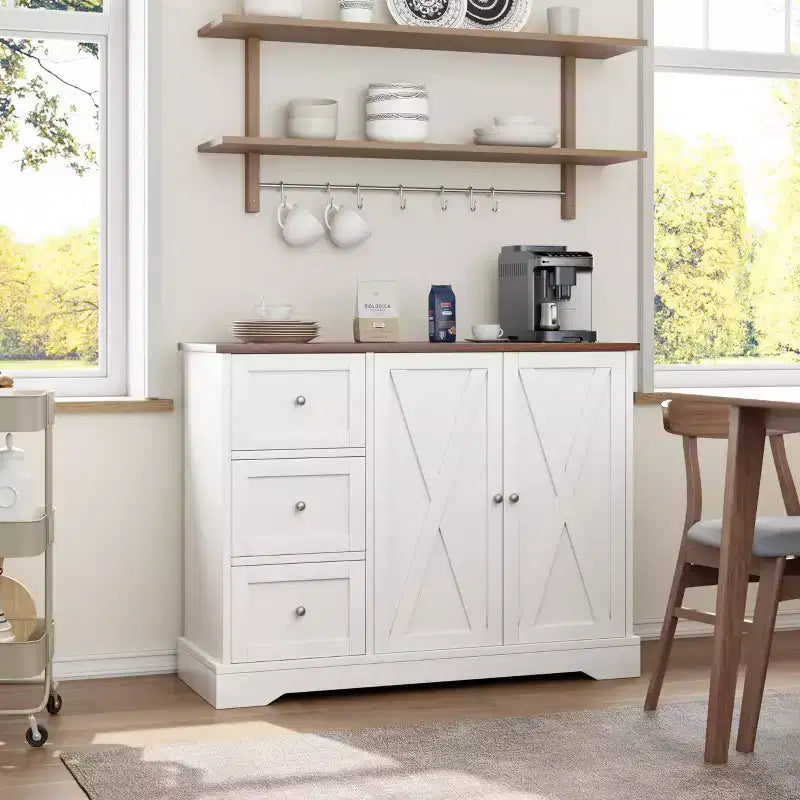 42 Farmhouse Buffet Cabinet with Storage, Coffee Bar Cabinet with 3 Drawers, Sideboard for Kitchen Dining Living Room, White