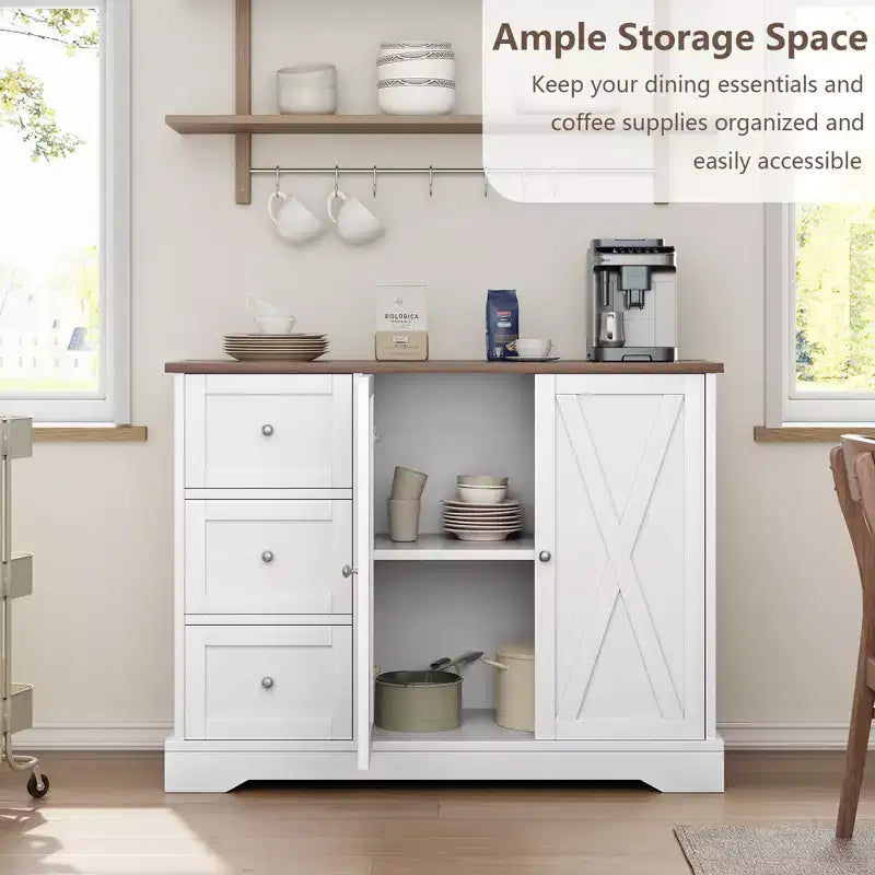 42 Farmhouse Buffet Cabinet with Storage, Coffee Bar Cabinet with 3 Drawers, Sideboard for Kitchen Dining Living Room, White