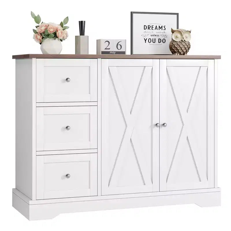 42 Farmhouse Buffet Cabinet with Storage, Coffee Bar Cabinet with 3 Drawers, Sideboard for Kitchen Dining Living Room, White
