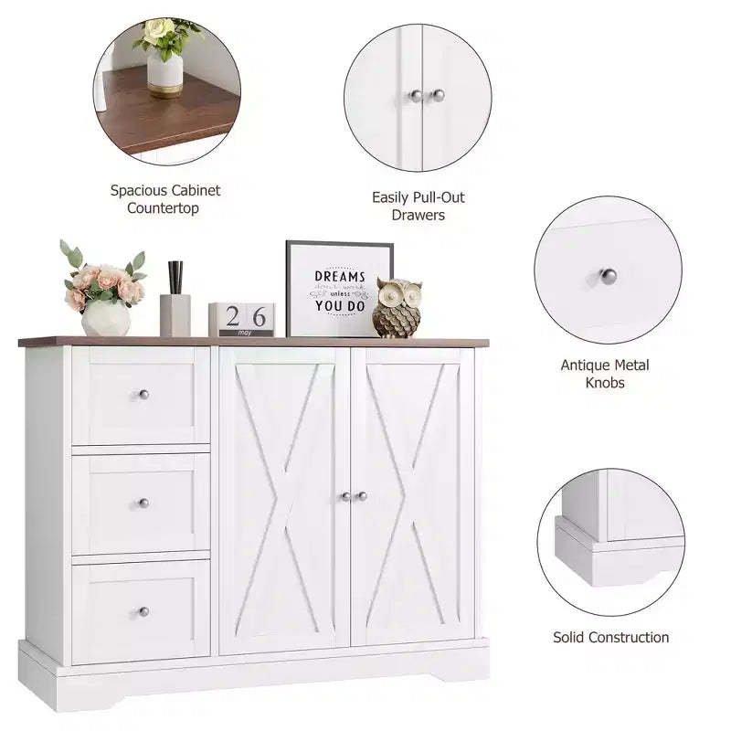 42 Farmhouse Buffet Cabinet with Storage, Coffee Bar Cabinet with 3 Drawers, Sideboard for Kitchen Dining Living Room, White